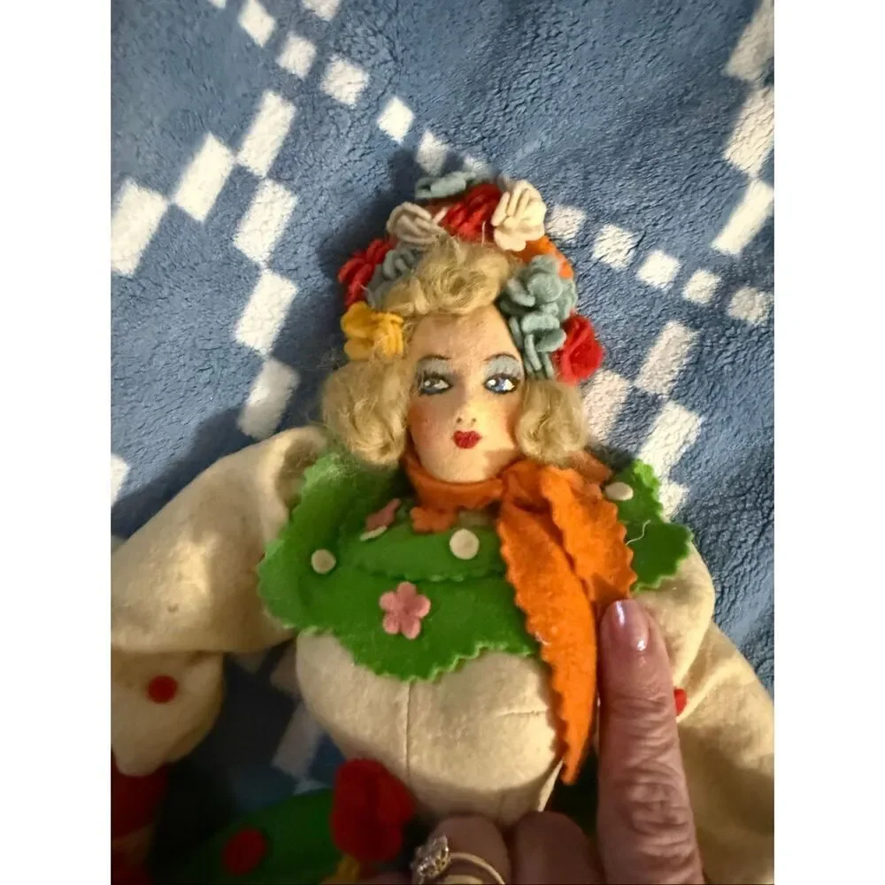 Vintage Lucianda Argentina Folk Art Doll Floral Felt Dress Handmade Souvenir